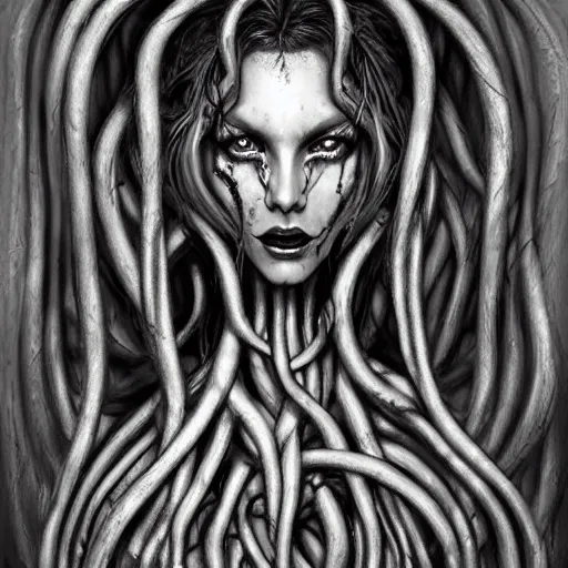 Image similar to surrealism grunge cartoon portrait sketch of Medusa, by michael karcz, loony toons style, freddy krueger style, horror theme, detailed, elegant, intricate