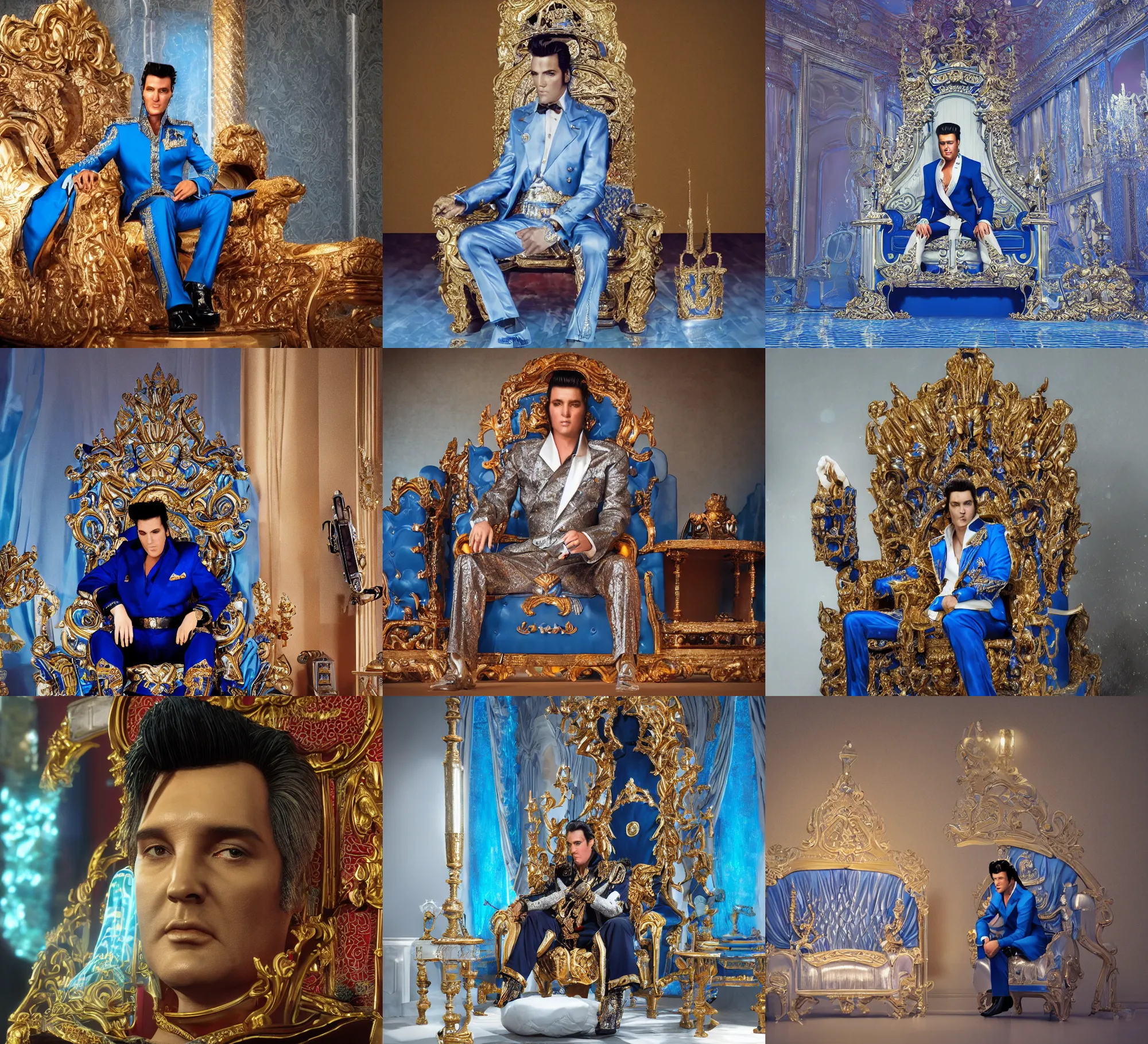 Prompt: sharp, detailed, color film of elvis sitting on his throne in his castle, atmospheric lighting, in focus, blue reflective eyes, 3 5 mm macro lens, live action, nice composition, hyper real, photorealistic, octane render, artstation