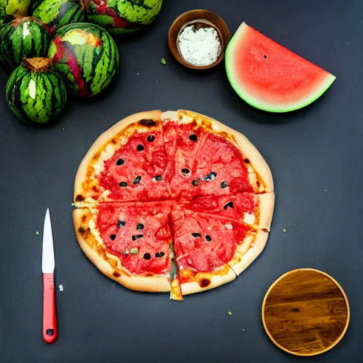 Image similar to a pizza topped with watermelon