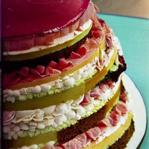 Prompt: “70s food photography of a cake made of ham”