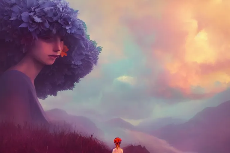 Prompt: giant dahlia flower crown under head, portrait girl on mountain, surreal photography, blue storm clouds, dramatic light, impressionist painting, digital painting, artstation, simon stalenhag