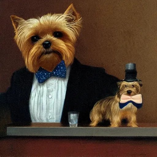 Image similar to a Yorkshire terrier at a bar wearing a bow tie, extremely detailed masterpiece, illustration, by Michael Sowa,