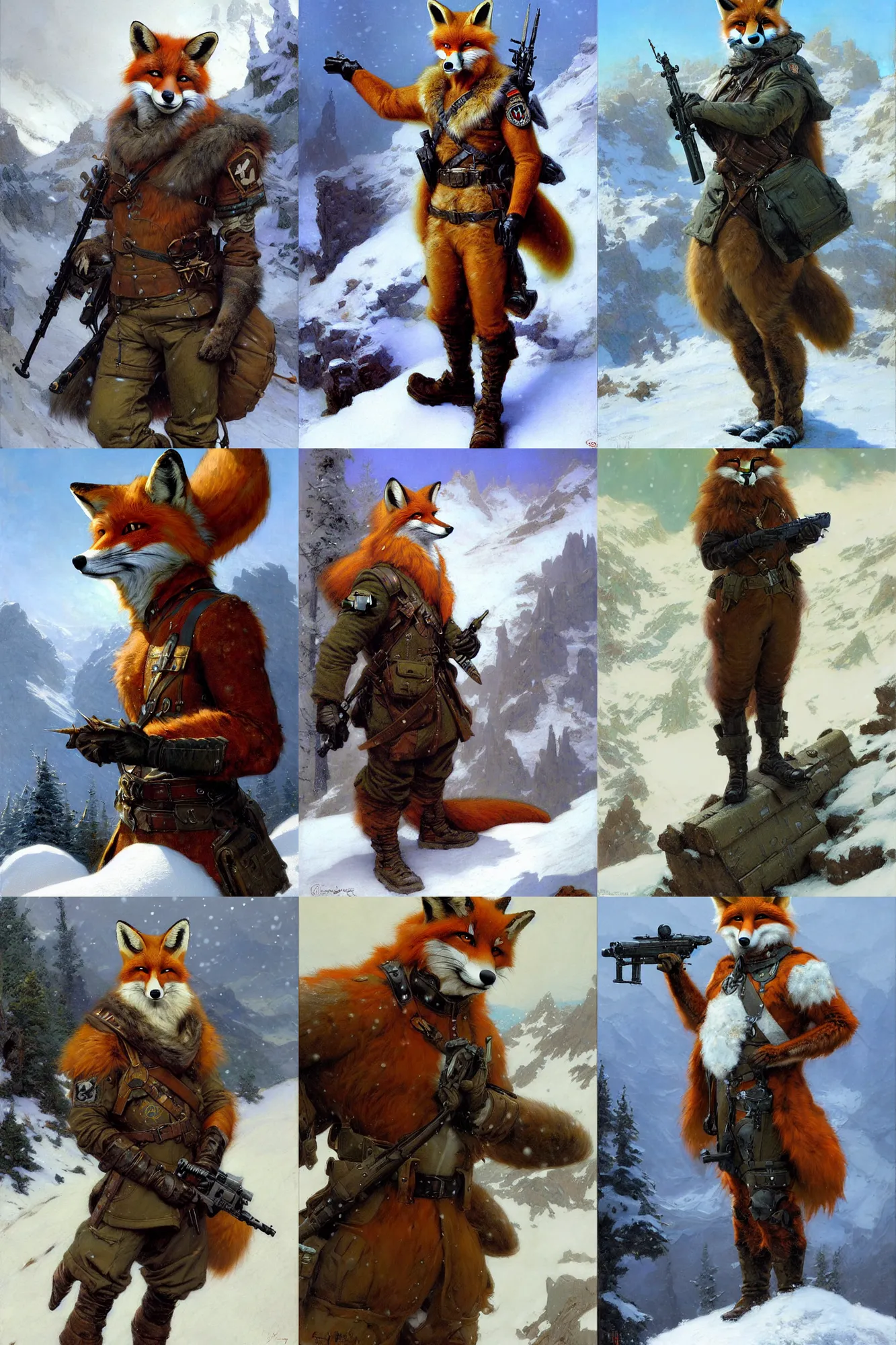 Prompt: anthropomorphic furry regal fox wearing modern military gear in a snow mountain pass, character design, painting by gaston bussiere, craig mullins, j. c. leyendecker, tom of finland