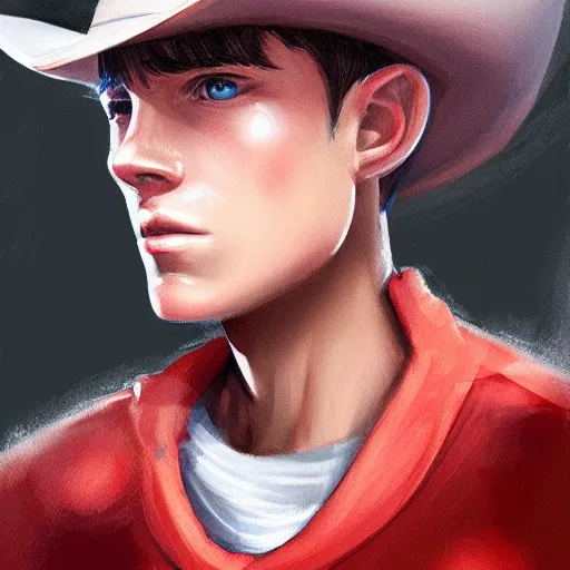 Prompt: a portrait of a teenager with an American cowboy hat, D&D, sci-fi, elegant, hopeful, muscular, highly detailed, digital painting, artstation, concept art, smooth, sharp focus, illustration