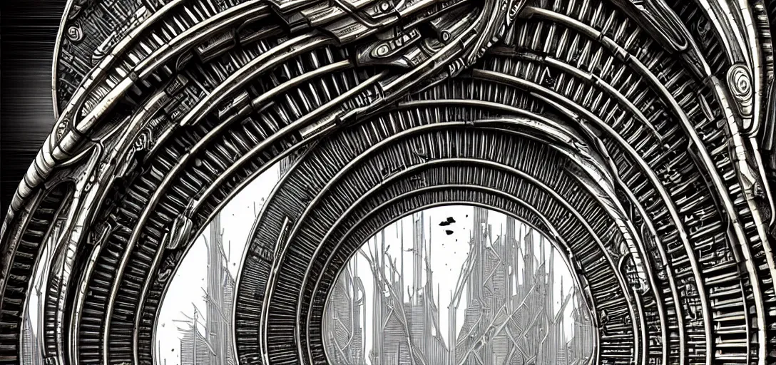 Prompt: a double helix dna cyberpunk steampunk marble carved archway, high details, lineart, by vincent di fate and joe fenton, inking, screen print, masterpiece, trending on artstation, sharp, high contrast, hyper - detailed,, hd, 4 k, 8 k