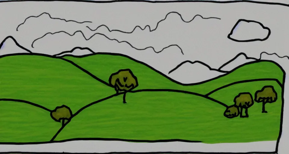 Prompt: Poorly drawn mspaint art piece of rolling hills. Terrible awful ugly unskilled amateurish boring lazy uncoordinated sloppy.