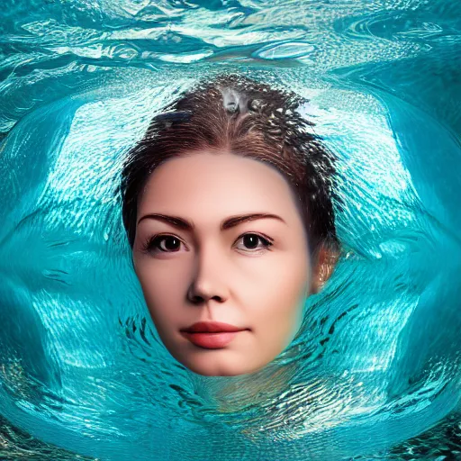 Image similar to water artwork manipulation in the shape of a beautiful female head, on the ocean water, ray tracing, realistic water sharp focus, long shot, 8 k resolution, cinematic, surreal water art