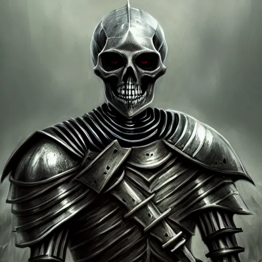 Prompt: a medieval knight slowly transforming into a skeleton, matte oil painting, concept art, dnd, clear, crisp, sharp, bones, armor, eldritch, award - winning, extremely detailed, 4 k, 8 k