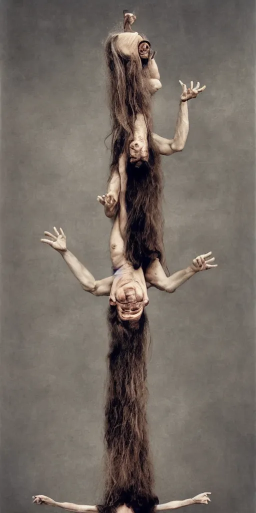 Image similar to a old man with 3 heads and 6 eyes, long hair, hanging upsidedown by annie leibovitz