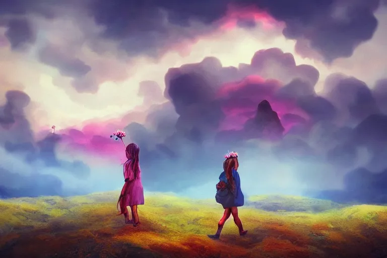 Image similar to giant dahlia flower crown under head, girl walking on mountain, surreal photography, blue storm clouds, dramatic light, impressionist painting, digital painting, artstation, simon stalenhag