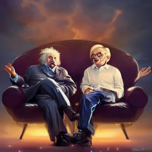 Prompt: einstein and stephen hawking sitting on a pearly couch in heaven, having deep discussions, thoughtful, angels, clouds, very bright lights, pillars, by greg rutkowski, trending on artstation