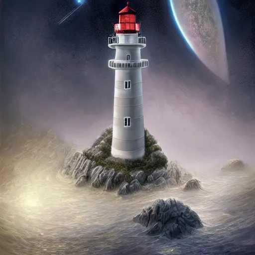 Image similar to the lighthouse in the middle of the galaxy , wide angle shot, diffuse lighting, fantasy, intricate, elegant, highly detailed, lifelike, photorealistic, digital painting, illustration, concept art, smooth, sharp focus, A24!film cinematography