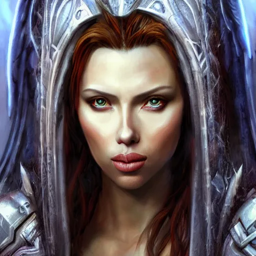 Prompt: Ultrarealistic illustration scarlet johansson as kleia from warcraft ascended angel, blue skin, portrait, beautiful, sci-fi high fantasy, intricate, elegant, highly detailed, digital painting, artstation, concept art,