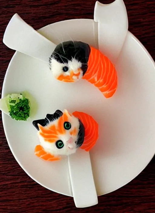 Image similar to clear photorealistic picture of adorable cats made out of sushi