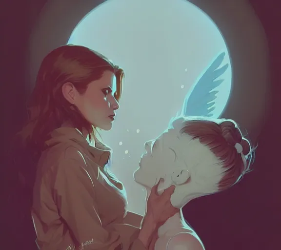 Prompt: portrait of angel kissing buffy by atey ghailan, by greg rutkowski, by greg tocchini, by james gilleard, by joe fenton, by kaethe butcher, dynamic lighting, gradient light blue, brown, blonde cream and white color scheme, grunge aesthetic