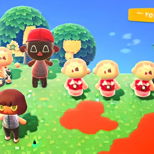 Prompt: screen shot of carpet bombing in animal crossing, large explosions, fire, chaotic