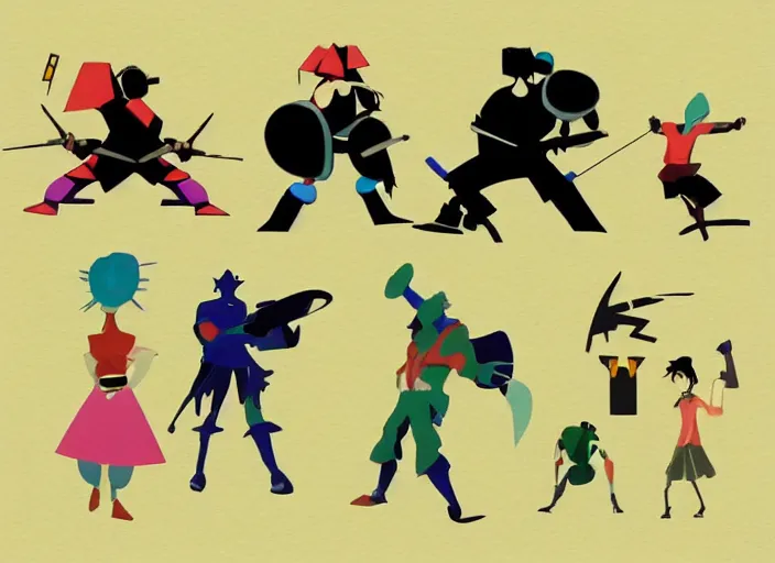 Prompt: character shape design exploration silhouettes of a strong sturdy warrior tank, minimalist mixed media layout from masaaki yuasa ( 1 9 9 7 )