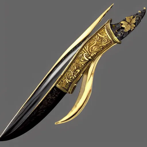 Prompt: long dagger with gold inlay and a mother of pearl handle curvy unreal engine 8 k