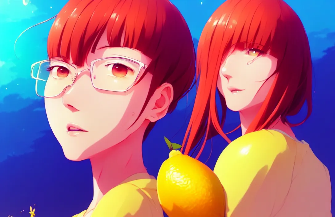 Image similar to ⁠portrait of an Sentient Lemon , Beach background, rich vivid colors, ambient lighting, dynamic lighting, 4k, HQ, official media, anime key visual, makoto shinkai, ilya kuvshinov, lois van baarle, rossdraws, detailed, trending on artstation