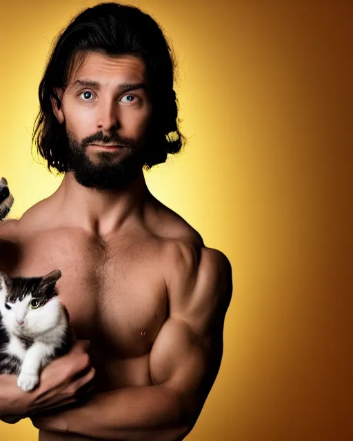 Image similar to muscular man holding a kitten in his hand, vaperwave background, color studio portrait, golden ratio, backlit, detailed eyes