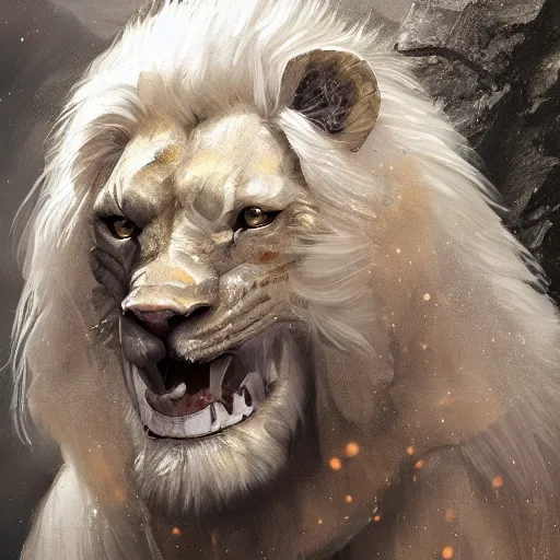 Image similar to a beautiful award winning commission of a male anthro albino lion dressed in skyrim armour,digital art,art by greg rutkowski,character design by charles bowater,ross tran,photorealistic,highly detailed,detailed face,4k,dramatic,deviantart,artstation