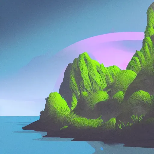 Image similar to digital artof a lush natural scene on an alien planet by lurid ( 2 0 2 2 ). beautiful landscape. weird vegetation. cliffs and water. interesting colour scheme. grainy and rough.