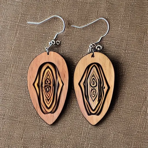 Image similar to wood earrings with crazy shapes and designs, symmetrical