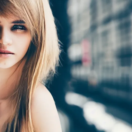 Prompt: “ fashion model short blonde hair looking into lens heavy bokeh photography high quality ”