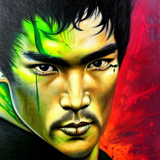 Image similar to a demon slayer portrait of bruce lee, tall, pale - skinned, and slender with lime green eyes and long eyelashes by stanley artgerm, tom bagshaw, arthur adams, carne griffiths, trending on deviant art, street art, face enhance, chillwave, maximalist, full of color, glittering