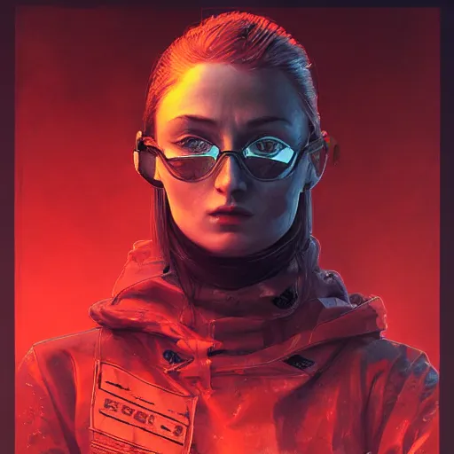 Image similar to sophie turner, streetwear techwear cyberpunk style outfit, partial mask, detailed portrait, intricate complexity, by greg rutkowski, cushart krentz, artgerm, ross tran, conrad roset, takato yomamoto, ilya kuvshinov. 4 k, beautiful, cinematic dramatic atmosphere, portrait lighting