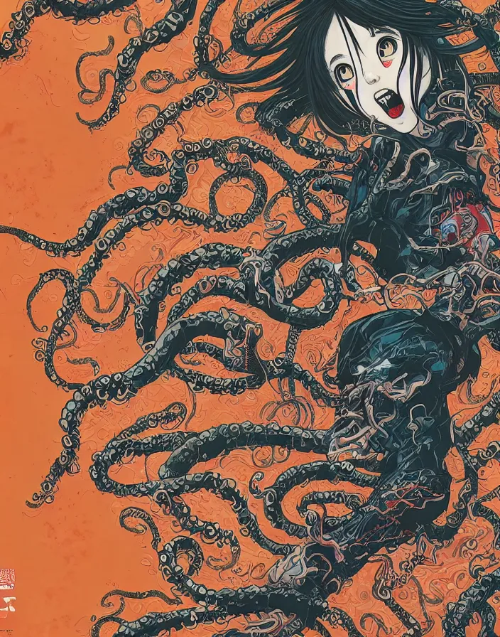 Prompt: intricate comic book style japanese horror poster japanese girl with fangs, graffiti, yokai, tentacles, by dan mumford, makoto shinkai and junji ito, 8k, highly detailed, unreal engine, crisp lines, volumetric lighting, featured on artstation, pixiv