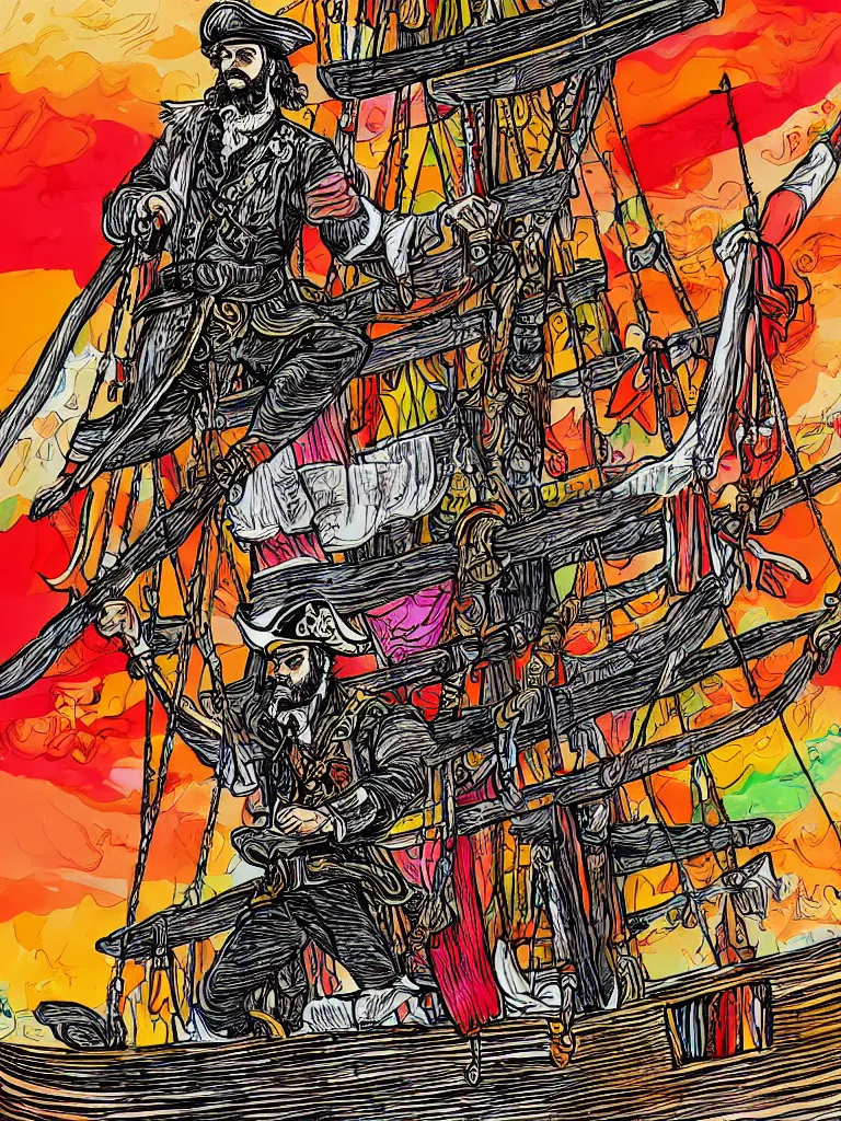 Image similar to a colorful detailed illustration of captain morgan drinking rum and barely holding on to the bowsprit of a pirate ship. long shot. digital art. captain morgan rum style.