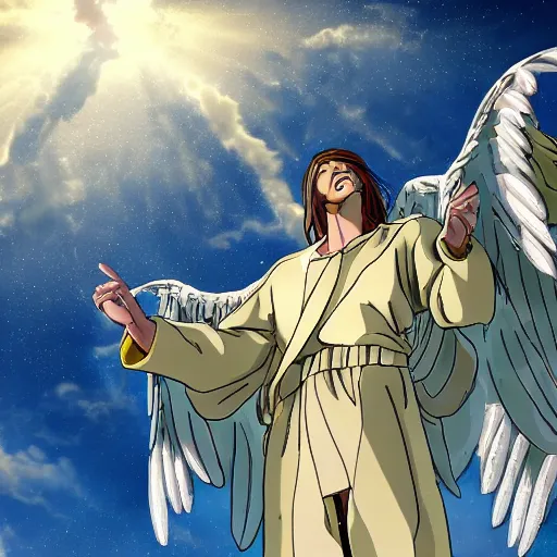 Prompt: the second coming of jesus christ, the heaven open and thousands of angels sing in the heavenly choir. in the style of jojo's bizarre adventure. highly detailed, full color. 4k trending on artstation, unreal engine