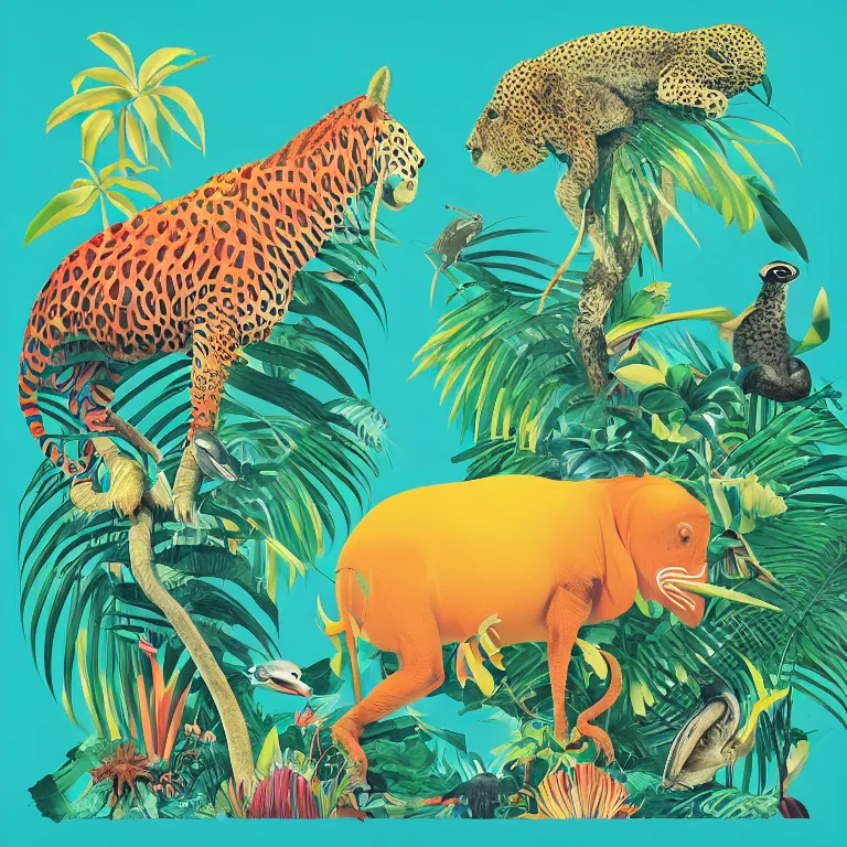 Image similar to beautiful album cover depicting tropical animals by Jonathan Zawada