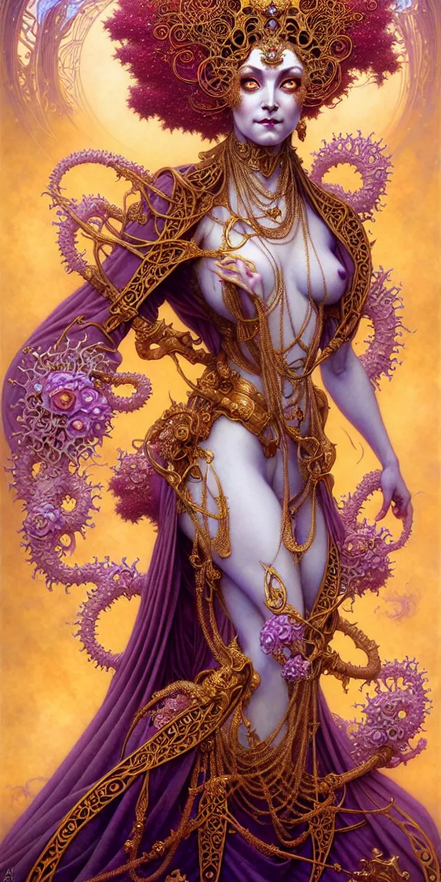 Prompt: beautiful ardhnarishwar art nouveau inter - dimensional empress tsarina character portrait, ultra realistic, intricate detailed costume designed by eiko ishioka, highly detailed by peter mohrbacher, hajime sorayama, wayne barlowe, boris vallejo, aaron horkey, gaston bussiere, craig mullins alphonse mucha