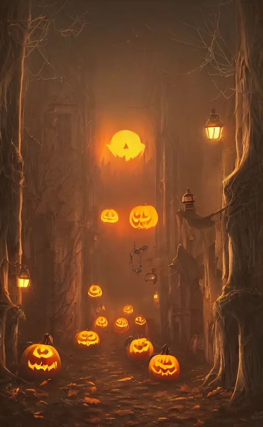 Image similar to a creepy and eery Halloween setting, with Jack o lanterns on the street and shadow figures lurking about, dynamic lighting, photorealistic fantasy concept art, stunning visuals, creative, cinematic, ultra detailed, trending on art station, spooky vibe