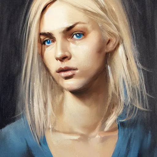 Prompt: Portrait of a woman by Greg Rutkowski, she is about 30 years old, pretty, blond hair with two strans around her face, slavic features, melancholic gaze, pretty aquiline nose, she is wearing a blue utilitarian jumpsuit, highly detailed portrait, digital painting, artstation, concept art, smooth, sharp foccus ilustration, Artstation HQ.