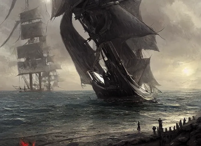 Prompt: A large black pirate ship with huge sails, covered by black tar. The ship waits in the white stone pier. Fantasy digital painting by Greg Rutkowski. Fantasy. Digital painting. Greg Rutkowski. Fantasy artwork.