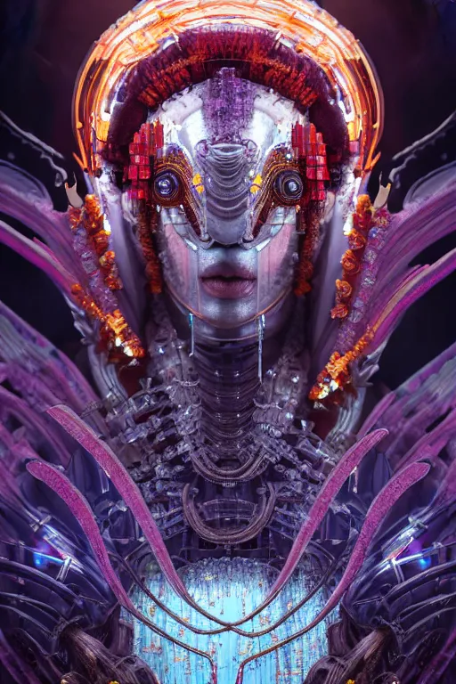 Image similar to asura from chinese myth, ghost, gorgeous and huge head ornaments, dystopian, cyberpunk, organic fractal mycelum and fungi, mecha, halfturn portrait of a big crystal face made of crystals half - turn, ominous, intricate, studio, art by anthony macbain + greg rutkowski + alphonse mucha, concept art, 4 k, sharp focus