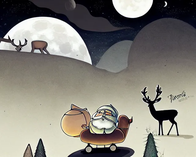 Prompt: a cell shaded cartoon grey santa! + deer robot, with a big head, on a desert road, wide shot, in front of a big moon, muted colors, post grunge, josan gonzales, wlop, by james jean, victor ngai, hq, deviantart, art by artgem