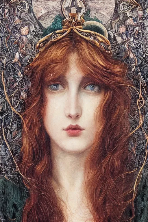 Image similar to An extremely beautiful pre-raphaelite portrait of a very beautiful and cute witch, surreal, ultradetailed, intricate, elegant, digital art painting, concept art, smooth, sharp focus, poster art, art cover illustration, regal, award winning picture, extremely detailed masterpiece, sense of awe, featured on artstation, Artgerm, effervescent punk kawaii-noir pastel bubbles, winning award piece, ethereal rainbows, Aetherpunk, low-key neon lightning, stormy weather, Exquisite details, 8K detail post-processing, matte, oil painting