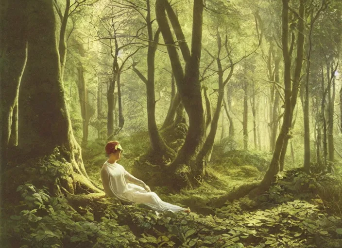 Image similar to a porcelain marble woman in deep forest grotto, dappled light on the forest floor, by abbott fuller graves