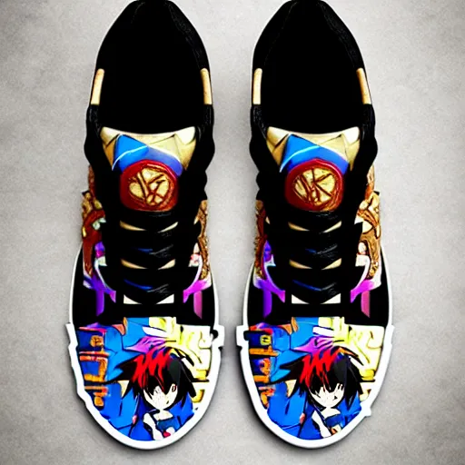 Image similar to fantasy anime jrpg sneaker design designed by studio ghibli, chrono trigger guilty gear style, aztec mayan street fashion native punk sneaker design, hip hop sneaker design with subtle mayan patterns, gapmoe yandere grimdark, trending on pixiv fanbox, painted by greg rutkowski makoto shinkai takashi takeuchi studio ghibli, akihiko yoshida