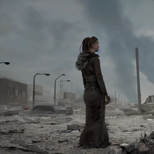 Prompt: postapocalyptic woman staring at a destroyed wasteland