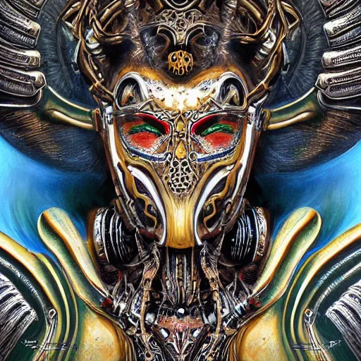 Image similar to Elden Ring themed painting of hybrid majestic aztec warrior princess fantasy biomechanical human beautiful immortal feminine angel symmetrical face angry mask closeup face breathing mask tattoo pattern golden ratio concept, deep forest psytrance Neo-Gothic concept, infinity glyph waves, intricate artwork masterpiece, very coherent artwork, cinematic, full frontal facial features by Artgerm, Takato Yamamoto, Zdizslaw Beksinski, Johnatan Wayshak, Moebius, Ayami Kojima, very anatomically coherent artwork, trending on cgsociety, ultra high quality model, production quality cinema model, high detail chromatic ink outline, octane render, unreal engine 8k, hyper realism, high detail, octane render, unreal engine, 8k, High contrast