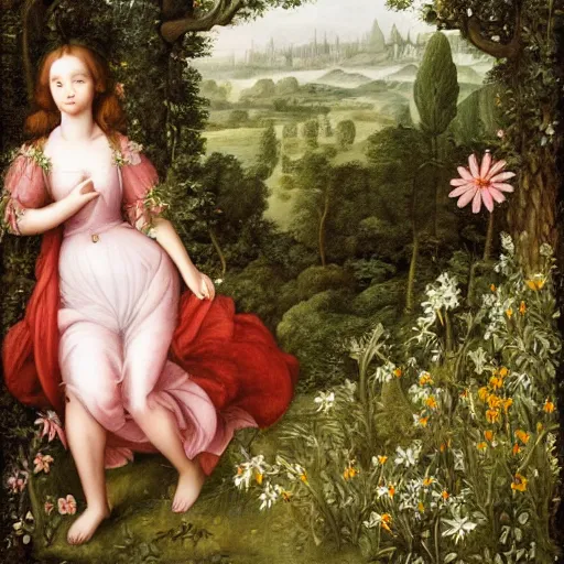 Prompt: a girl lost in a forest, castel in the background, flowers, dreamy renaissance