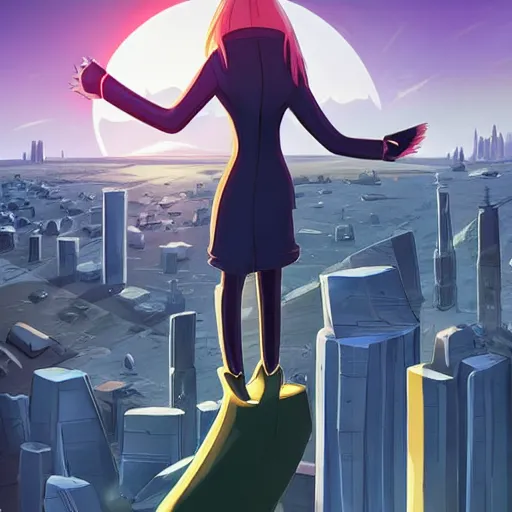 Image similar to an anthropomorphic fox, holding her hands together behind her back staring over a futuristic city from the top of a roof, wide shot, over the shoulder shot, highly coherent, trending on furaffinity