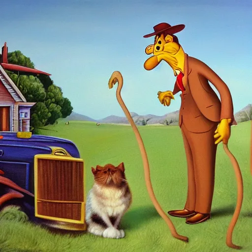 Image similar to surrealist painting of garfield as a farmer, high detail