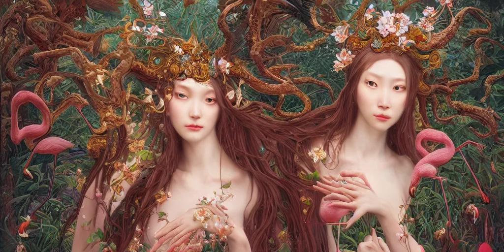 Prompt: breathtaking detailed weird concept art painting of the goddess of flamingo, orthodox saint, with anxious, piercing eyes, ornate background, amalgamation of leaves and flowers, by Hsiao-Ron Cheng and John James Audubon and Miho Hirano, extremely moody lighting, 8K