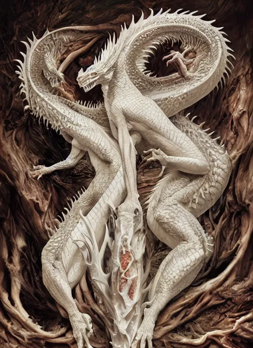 Image similar to portrait of a white dragon with translucent skin, visible muscles and veins and arteries and bones and spines and nerves, beautiful detailed intricate insanely detailed octane render, 8k artistic photography, photorealistic, chiaroscuro, by David Cronenberg, Raphael, Caravaggio